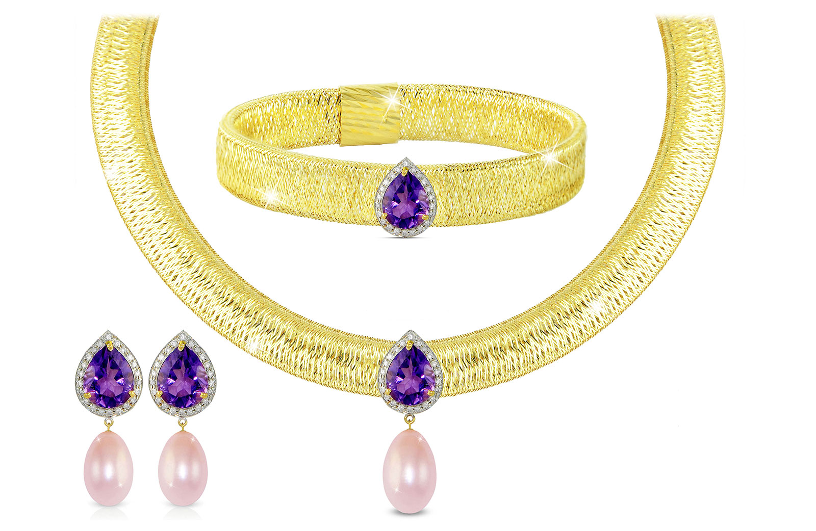 Vera Perla 18K Gold 0.48ct Diamonds, Amethyst and 13mm Purple Pearl Jewelry Set - 3 pcs.